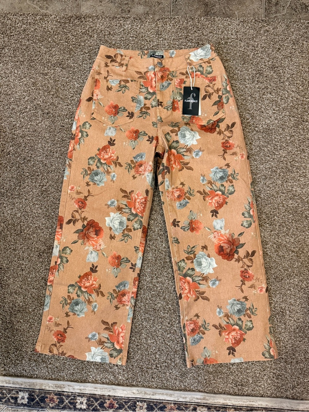 Floral Wide-Leg Jeans in Peach by Flamingo